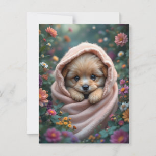 Cute, tiny, fluffy puppy surrounded by flowers postcard