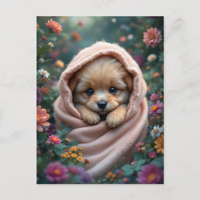 Cute, tiny, fluffy puppy surrounded by flowers postcard (Front)
