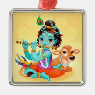 Cute Tiny Krishna & Cow Metal Tree Decoration