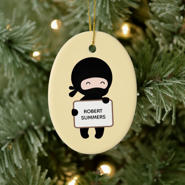 Cute Tiny Ninja Holding Sign, Custom Name Yellow Ceramic Tree Decoration (Tree)