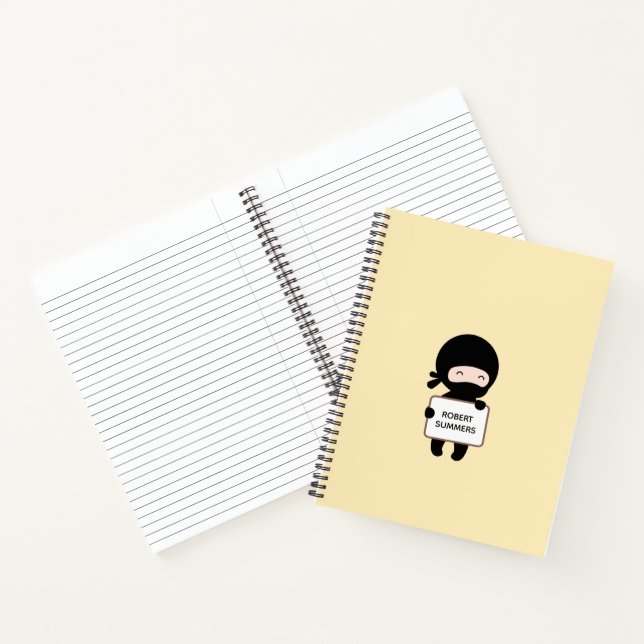 Cute Tiny Ninja Holding Sign On Yellow Custom Name Notebook (Inside)