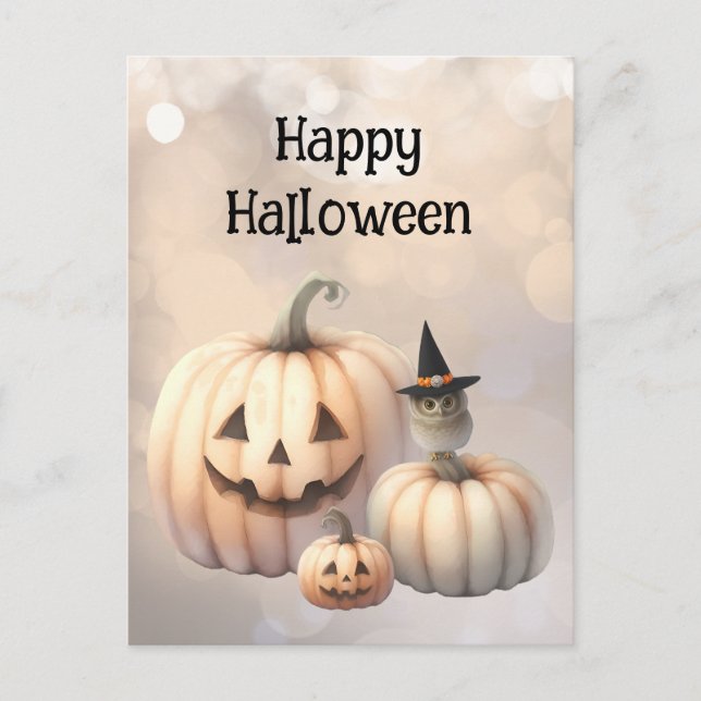 Cute Tiny Owl and Halloween Pumpkins Postcard (Front)