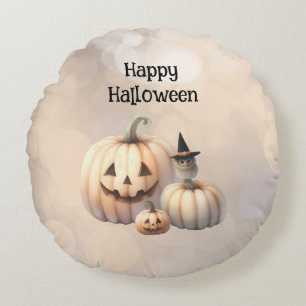 Cute Tiny Owl and Halloween Pumpkins Round Cushion