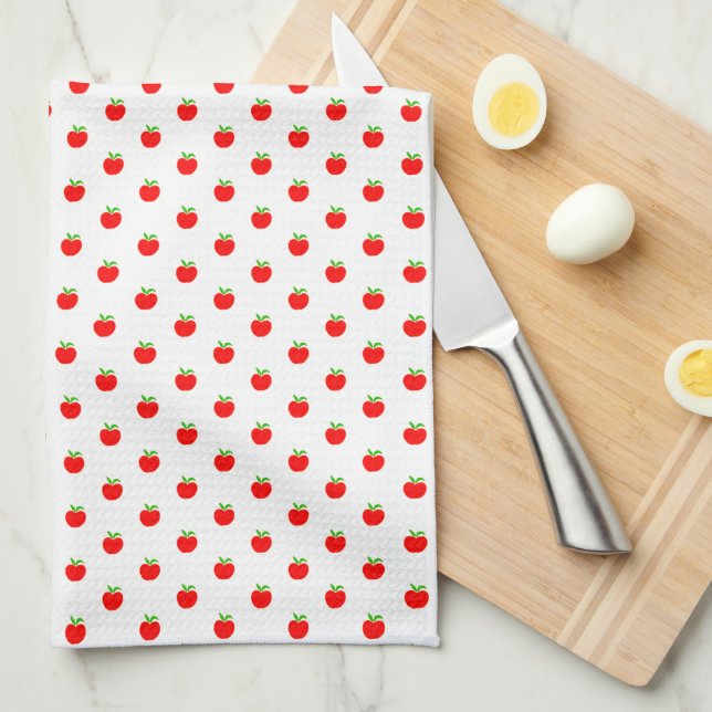 Cute Tiny Red Apples Pattern on White Tea Towel (Quarter Fold)