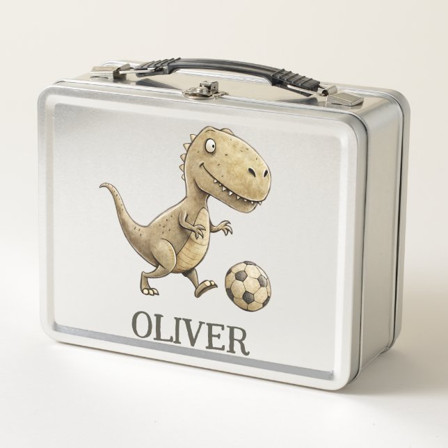 Cute Tiny Trex Playing Football Personalised Metal Lunch Box (Front)