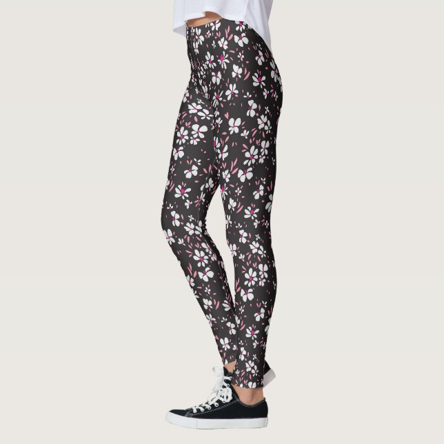 cute tiny white pink flower with black background leggings (Left)