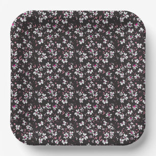 cute tiny white pink flower with black background paper plate