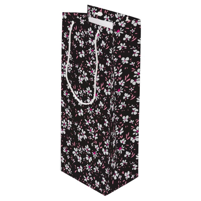 cute tiny white pink flower with black background wine gift bag (Front Angled)