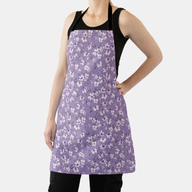 cute tiny white purple flower with blue background apron (Insitu)