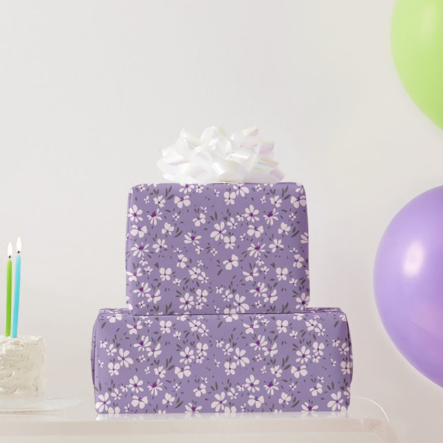 cute tiny white purple flower with blue background wrapping paper (Party Gifts)
