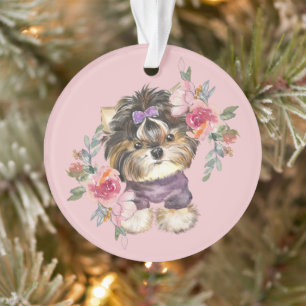 Cute Tiny Yorkie and Flowers Watercolor Art Ornament