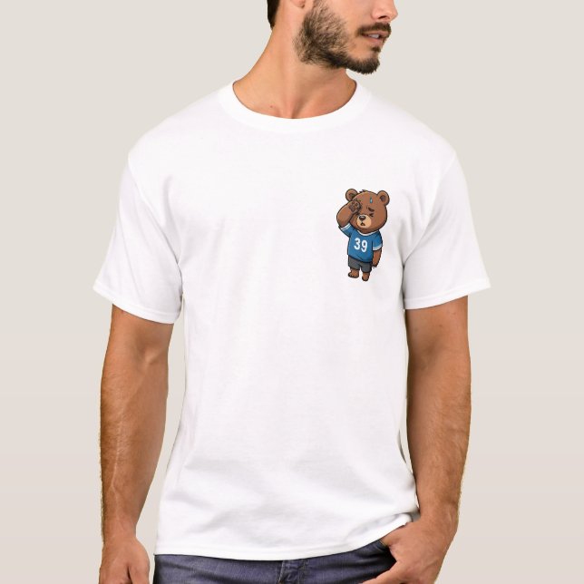 Cute Tired Brown Bear Athlete In Blue Sports T-Shirt (Front)