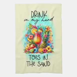 Cute toes sand drink hand word art  tea towel