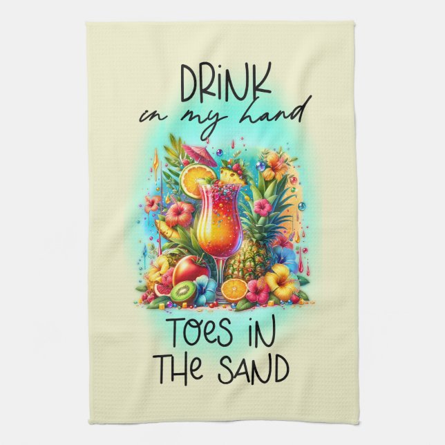 Cute toes sand drink hand word art  tea towel (Vertical)
