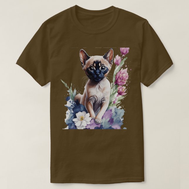 cute Tonkinese kitten in front of flowers vibrant  T-Shirt (Design Front)