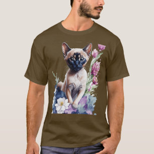 cute Tonkinese kitten in front of flowers vibrant T-Shirt