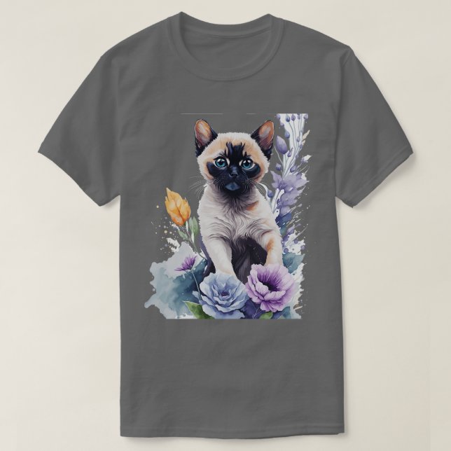 cute Tonkinese kitten in front of flowers vibrant  T-Shirt (Design Front)