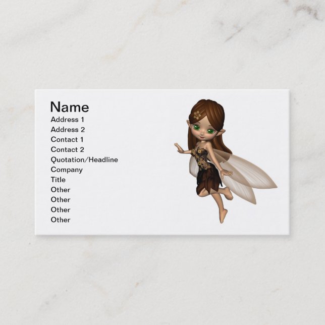 Cute Toon Fairy in Brown and Gold Flower Dress Business Card (Front)