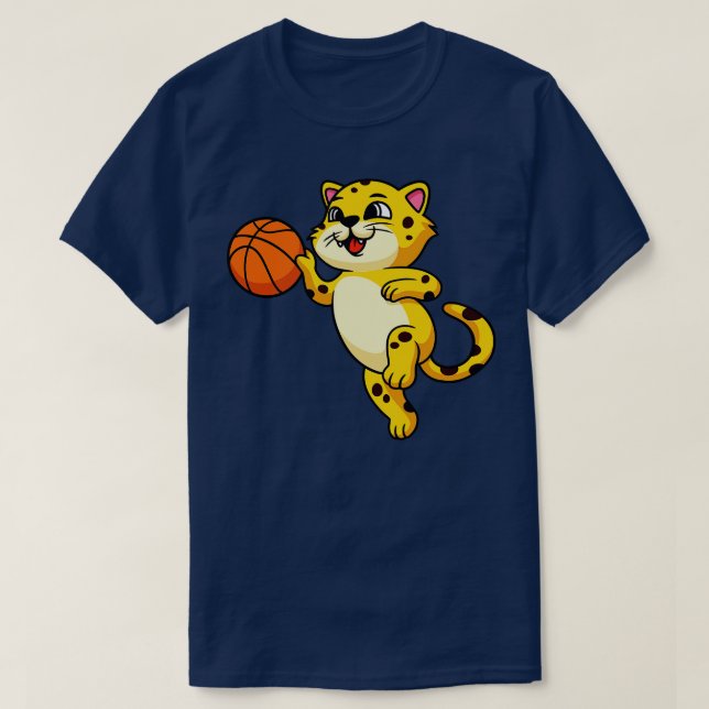 Cute toon Leopard Cat plays Basketball Kids T-Shirt (Design Front)