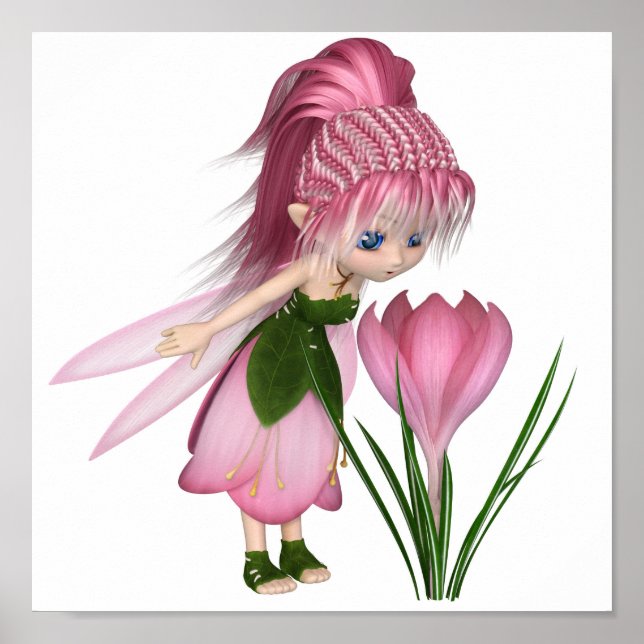 Cute Toon Pink Crocus Fairy, Standing by a Flower Poster (Front)