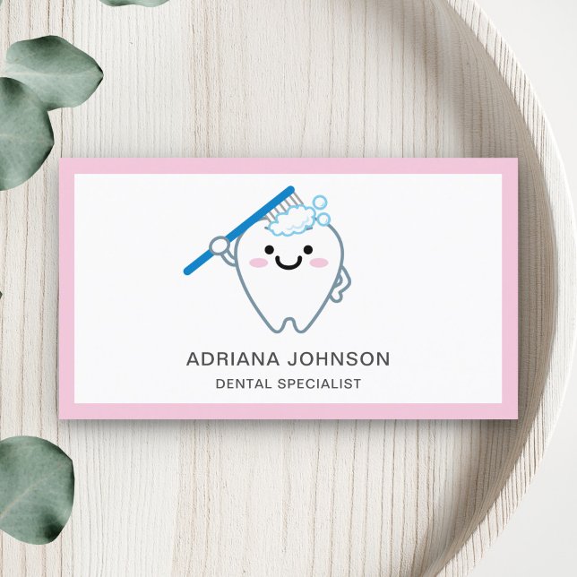 Cute Tooth Brushing with Toothbrush Dentist Business Card (Creator Uploaded)