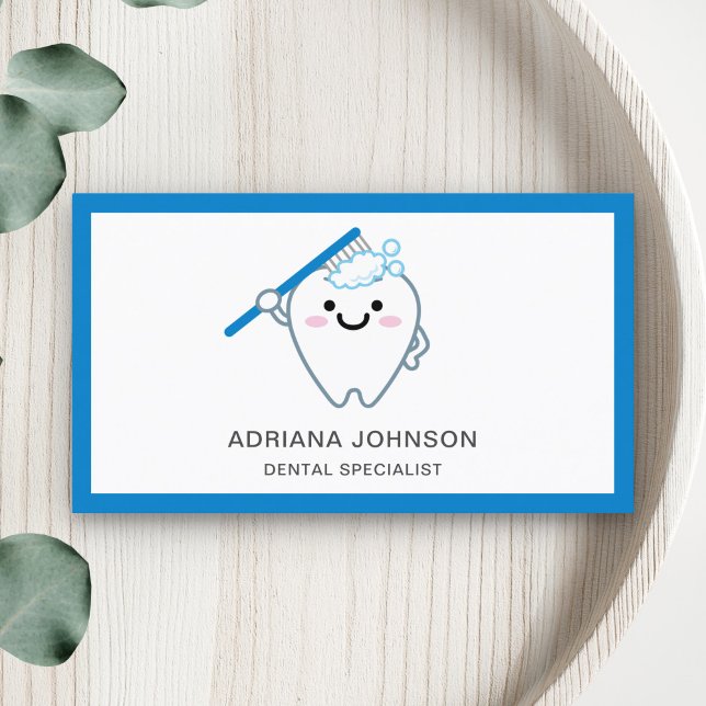 Cute Tooth Brushing with Toothbrush Dentist Business Card (Creator Uploaded)