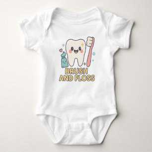 Cute Tooth Cartoon - Brush and Floss Dental Hygien Baby Bodysuit
