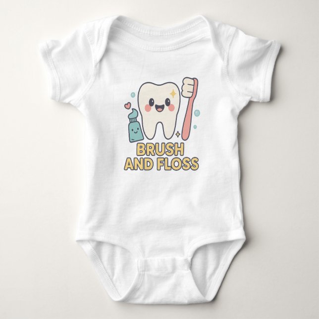 Cute Tooth Cartoon - Brush and Floss Dental Hygien Baby Bodysuit (Front)