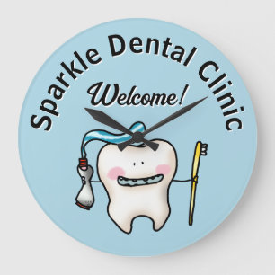 Cute Tooth Cartoon Dental Clinic Welcome Large Clock