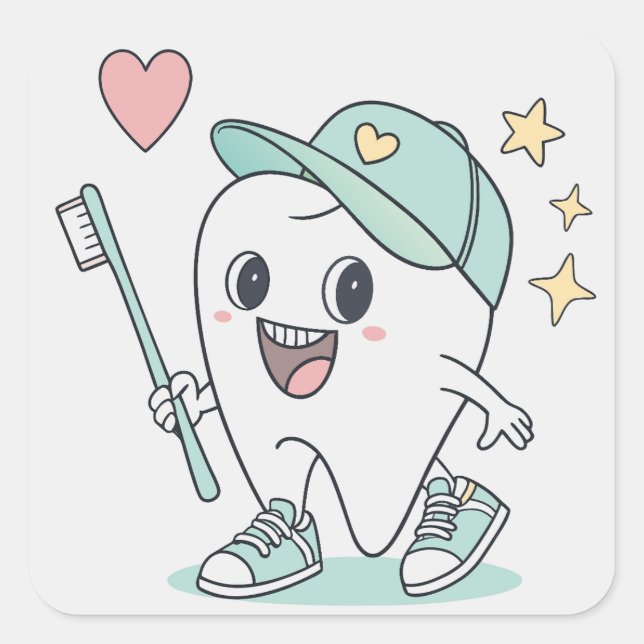 Cute Tooth Cartoon with Toothbrush – Stickers (Front)