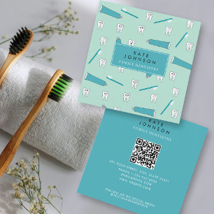 Cute Tooth Teal Mint Dentist QR Code Social Media Square Business Card