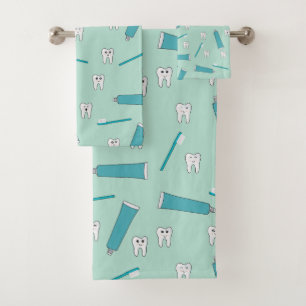 Cute Tooth Teal Mint Toothpaste Toothbrush Pattern Bath Towel Set