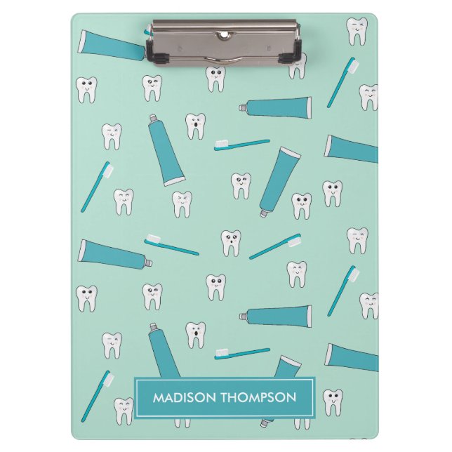 Cute Tooth Teal Mint Toothpaste Toothbrush Pattern Clipboard (Front)