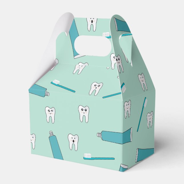 Cute Tooth Teal Mint Toothpaste Toothbrush Pattern Favour Box (Front Side)