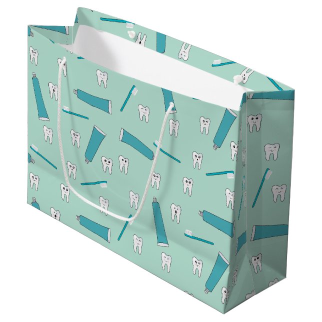 Cute Tooth Teal Mint Toothpaste Toothbrush Pattern Large Gift Bag (Front Angled)