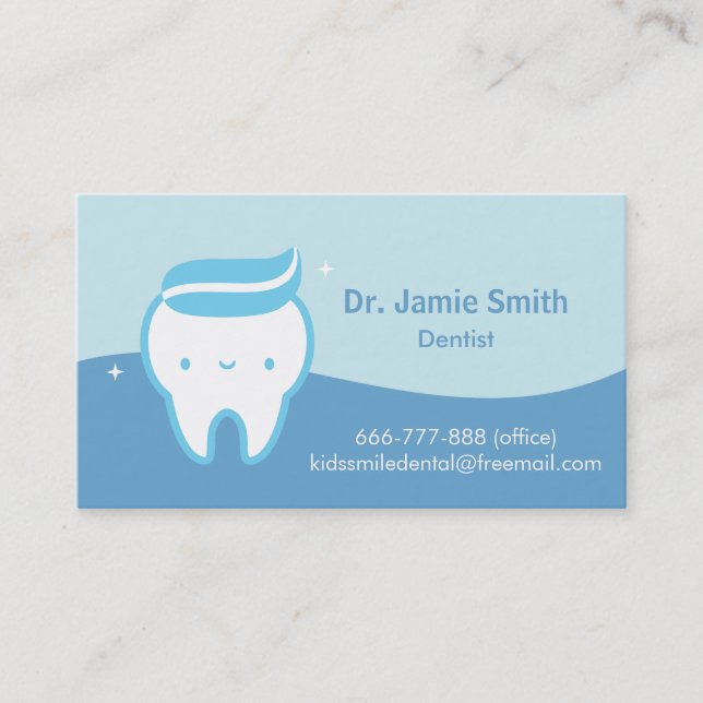 Cute Tooth Toothpaste Blue Dentist Business Cards (Front)