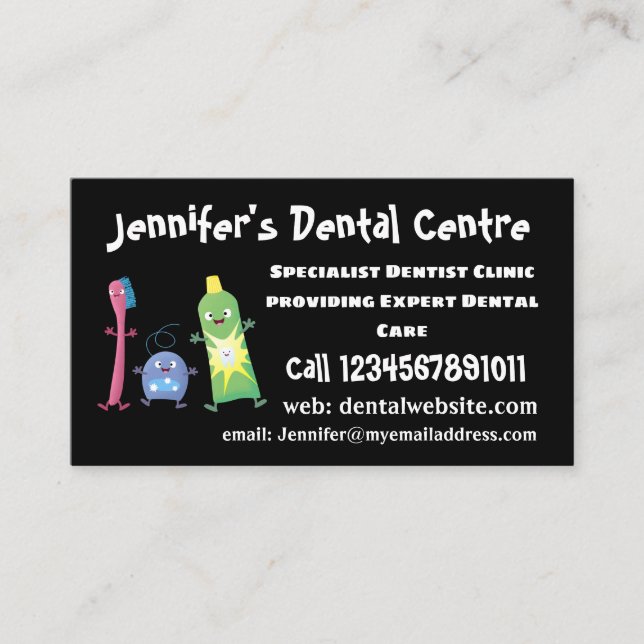 Cute toothbrush toothpaste dental floss cartoon business card (Front)