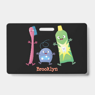 Cute toothbrush toothpaste dental floss cartoon ID badge