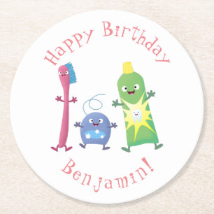 Cute toothbrush toothpaste dental floss cartoon round paper coaster