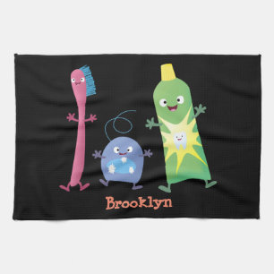 Cute toothbrush toothpaste dental floss cartoon tea towel