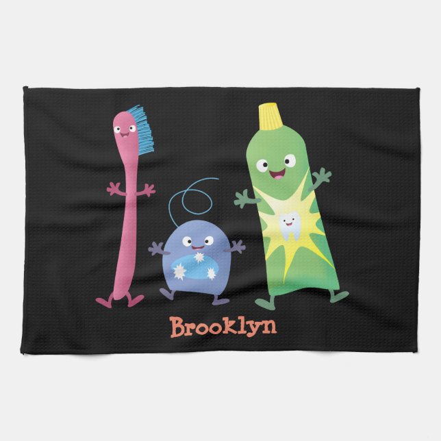 Cute toothbrush toothpaste dental floss cartoon tea towel (Horizontal)