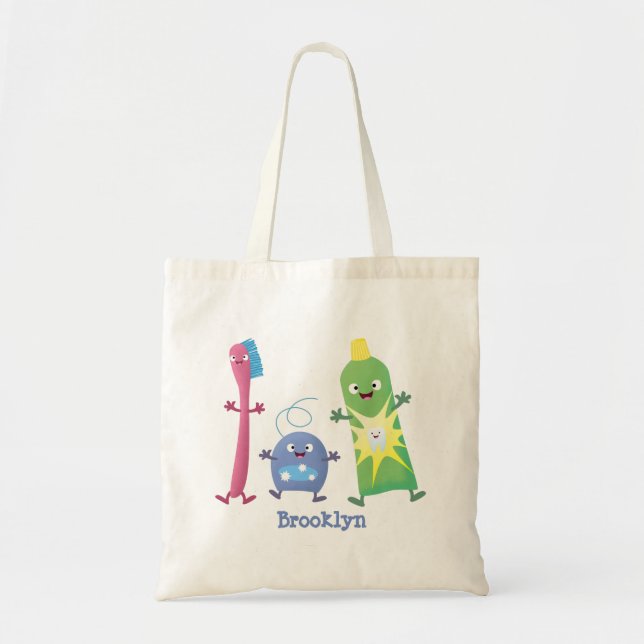 Cute toothbrush toothpaste dental floss cartoon tote bag (Front)