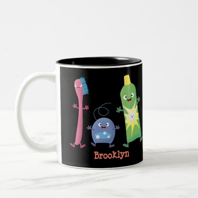 Cute toothbrush toothpaste dental floss cartoon Two-Tone coffee mug (Left)