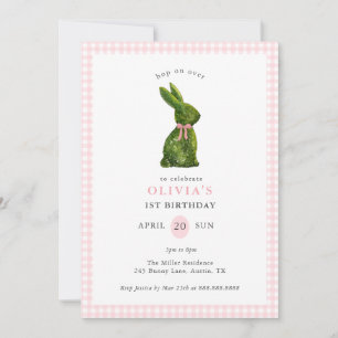 Cute Topiary Bunny Pink Gingham Girl Birthday  Invitation