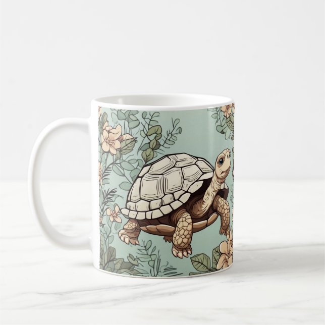 Cute tortoise on floral coffee mug (Left)
