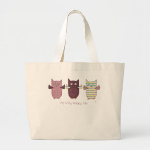 Cute Tote-This is My Happy Tote-Purple Owls Large  Tote Bag