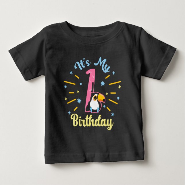 Cute Toucan 1st Birthday 1 Year Old Birth Girl  Baby T-Shirt (Front)