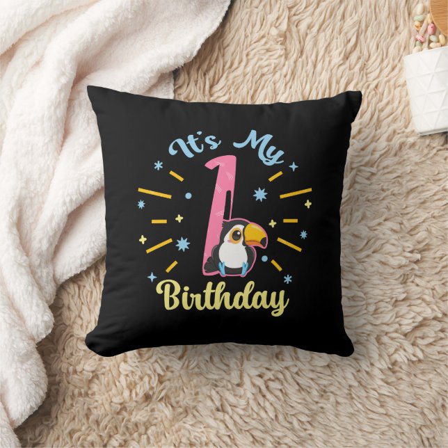 Cute Toucan 1st Birthday 1 Year Old Birth Girl  Cushion (Blanket)