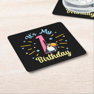 Cute Toucan 1st Birthday 1 Year Old Birth Girl Square Paper Coaster