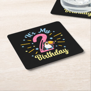 Cute Toucan 2nd Birthday 2 Year Old Birth Girl Square Paper Coaster